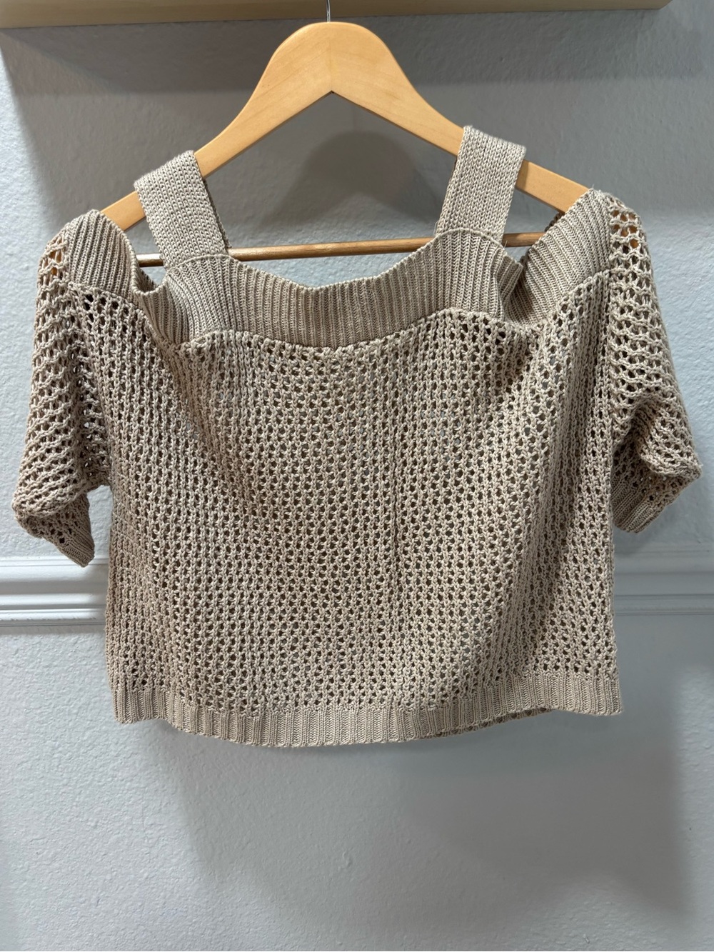 Zara Beige Open-Knit Off-the-Shoulder Sweater Top - Picture 2 of 2